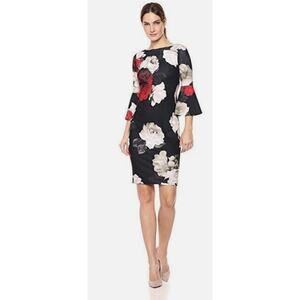 Calvin Klein Womens Floral Print Bell Sleeve Sheath Dress Black Red Size 12 Rose